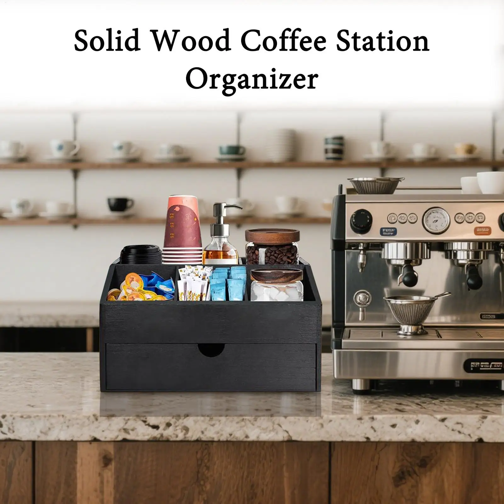 

Coffee Organizer Station Stirrers Wooden Storage Holder Multipurpose Desk Coffee Counter Organizer With Drawer For Dorm Studio