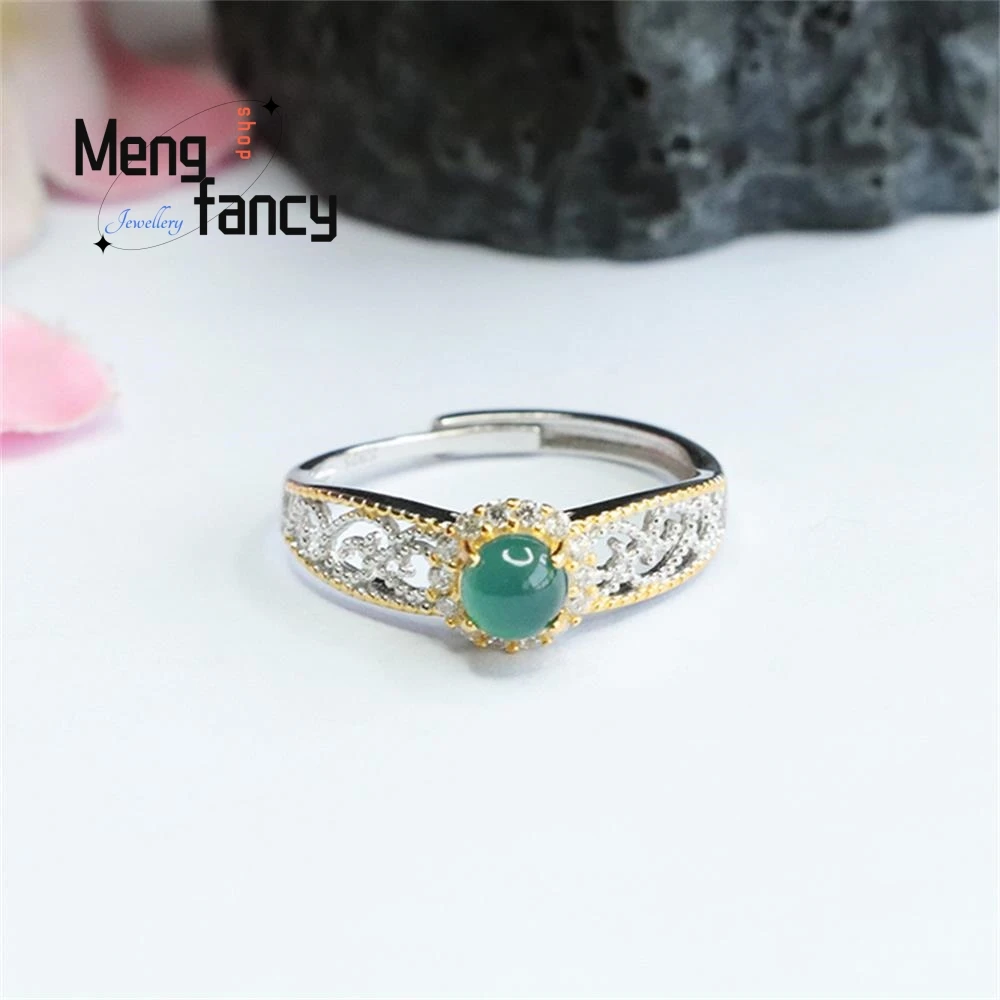 S925 Silver Lnlaid Natural Jadeite Icy Blue Water Jade Ring Exquisite Elegant Simple High-grade Couple Luxury Quality Jewelry