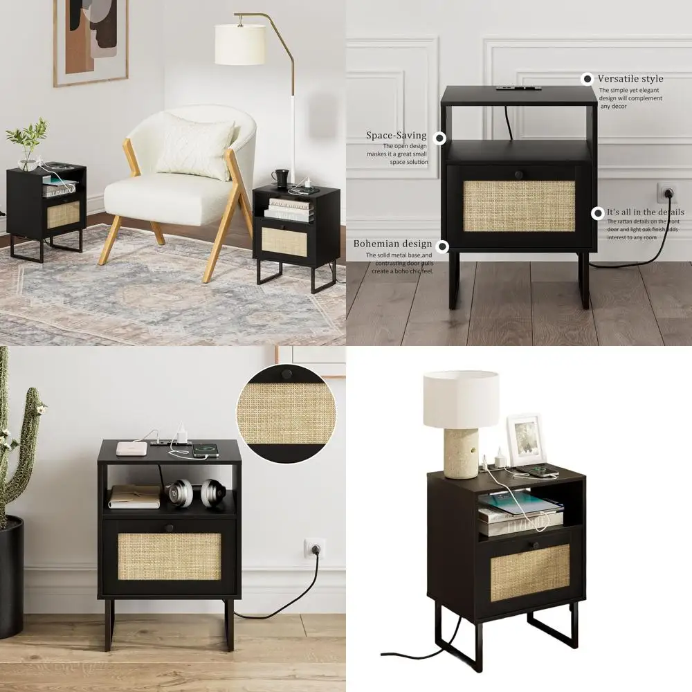 

Прикроватная тумбочка с зарядной станцией, в стиле модерн-фармхаус, деревянный прикроватный столик с местом для хранения и полкой, компактный приставной столик с черным каркасом