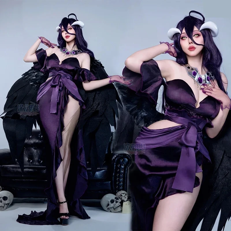 Disfraz de Cosplay Overlord Albedo de Anime para mujer, peluca Sexy, vestido Delgado, collar con cuernos, traje de Hedwear, disfraz de fiesta de Carnaval de Halloween