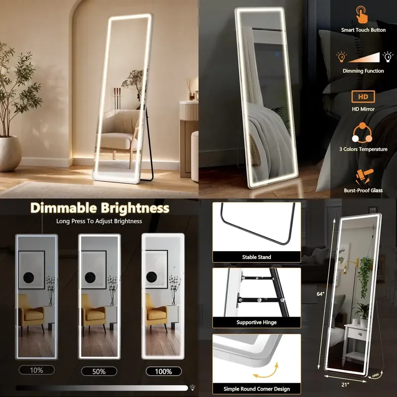 Full Size LED Floor to Ceiling Mirror 65x21 Inch Dimmable 3 Color Light Smart Dressing Mirror for Bedroom Walk in Closet