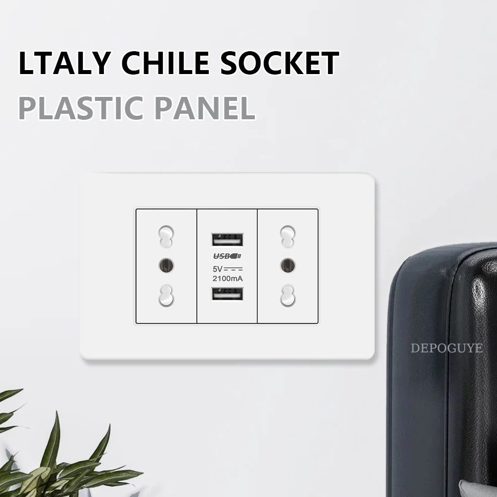 Italy Chile  Standard Outlet with USB Smart Type-c 20W Fast Charging, Dual USB Wall Socket Chile Plug Plastic Panel Light Switch