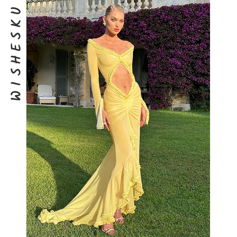 Women's Babydoll Lingerie Mesh Sheer Long Dress Sexy See-Through Long Sleeve Frill Trim V Neck Cutout Long Gown Beach Vestido