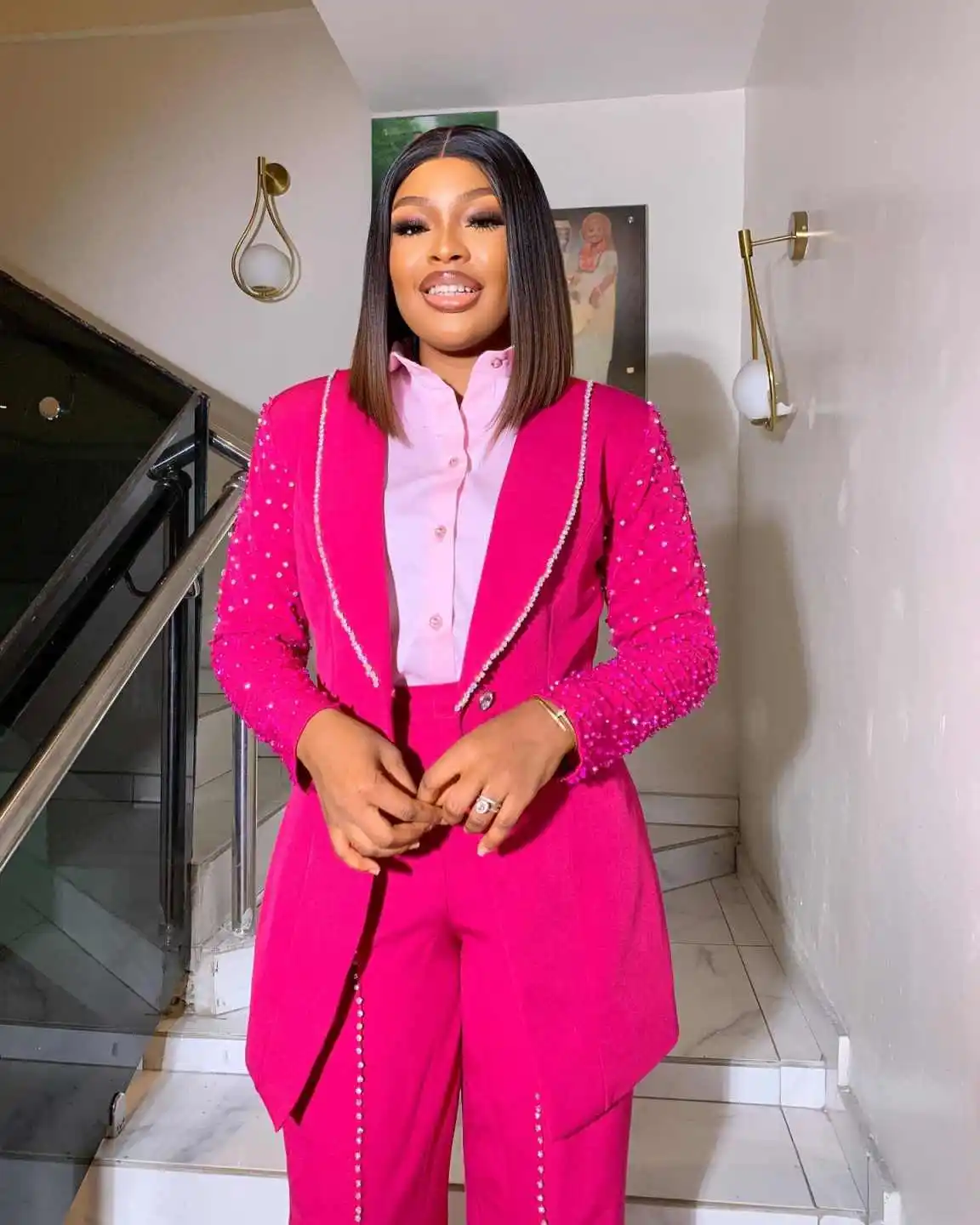 أزياء اللؤلؤ النساء الدعاوى واسعة الساق بانت شال التلبيب السترة مخصص الدعاوى زر واحد دعوى حفلة موسيقية ملابس الأعمال