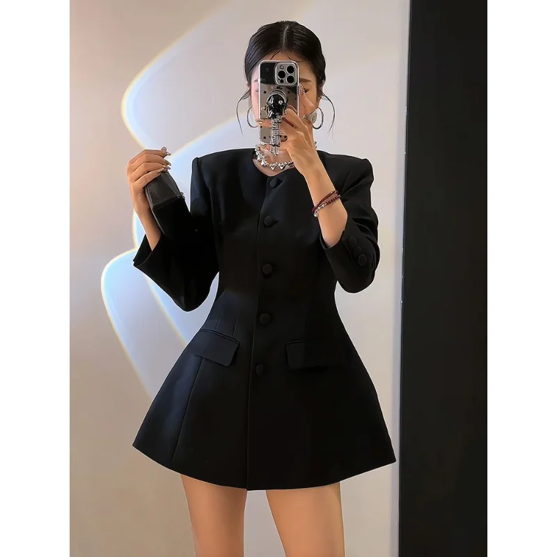 Women's New Stitched Round Neck Button Fashion Solid Color Versatile Casual Long Sleeve Tailored Coat