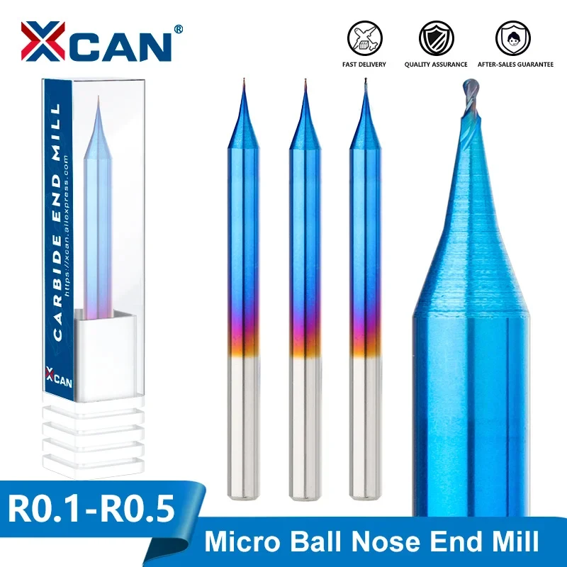 Xcan carboneto fresa R0.1-R0.5 dois flauta micro moinho para madeira bola nariz fresa cnc máquina roteador bit ferramenta de trituração