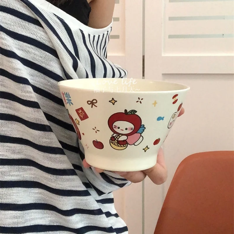 

New Hello Kitty Y2K bamboo hat bowl cartoon rice bowl high-value salad household tableware breakfast ceramic bowl Gifts Girls
