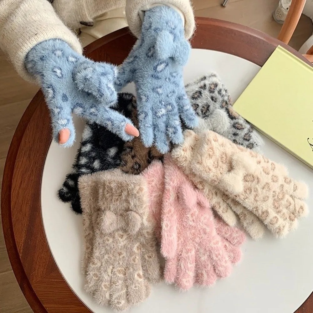 Fashion Mink Velvet Five Finger Gloves Leopard Print Cold-proof Gloves Keep Warm Bow Gloves Women