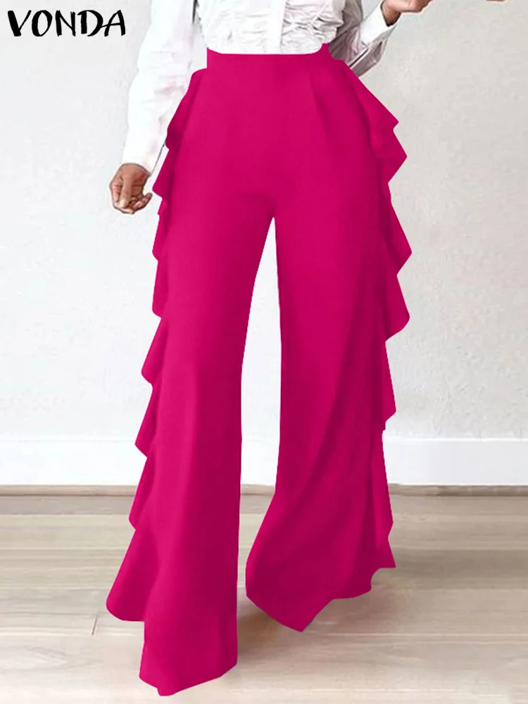 Plus Size VONDA Women Solid Color Long Wide Leg Pants Casual Loose Ruffled Elastic Waist Trousers Fashion Bottoms Oversized