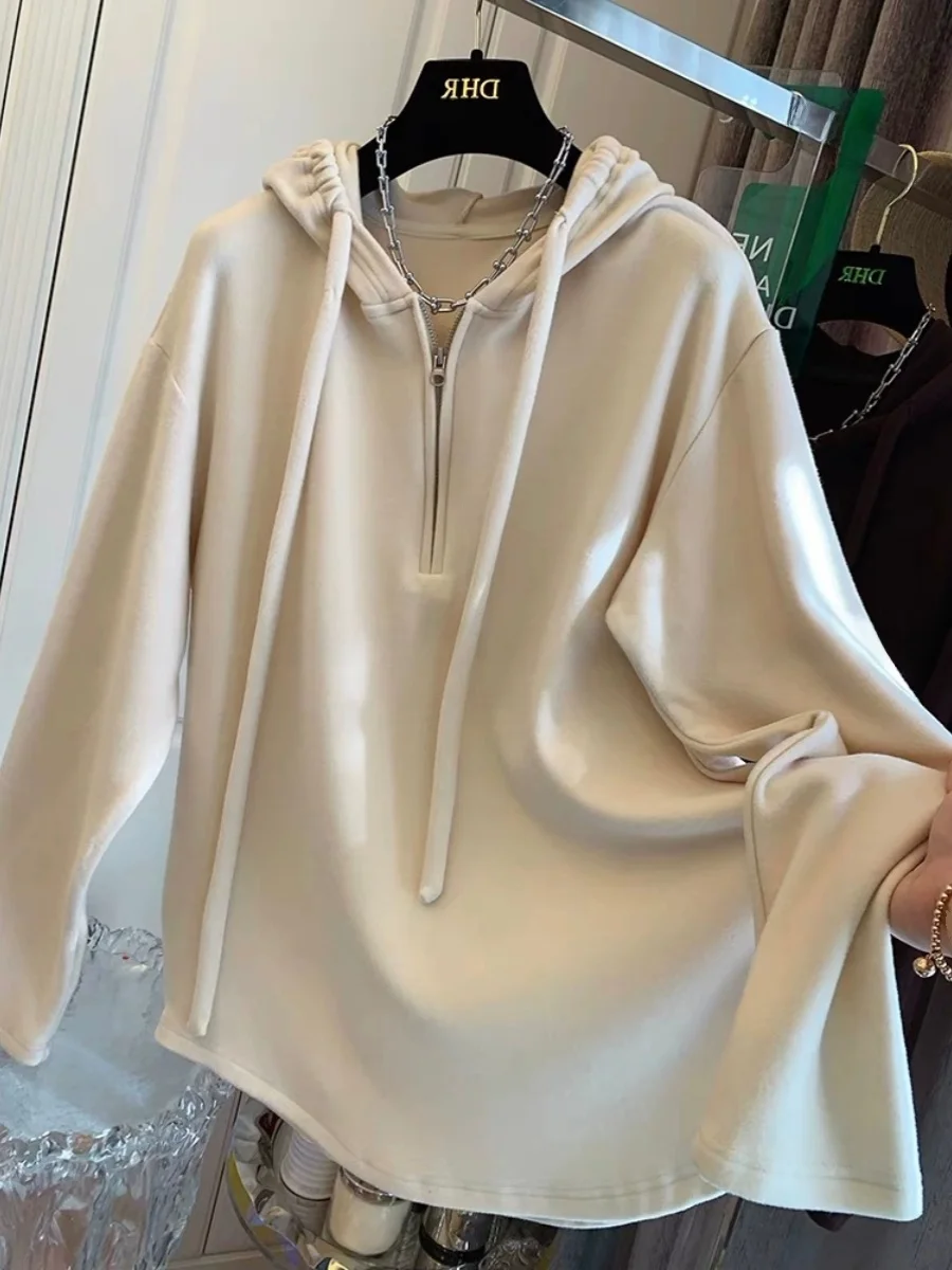 

plus Size Hoodie Women's Thickened Mid-Length Double-Sided Velvet Sweatshirt Korean Style Commute Fashion Long Sleeve Loose Fit
