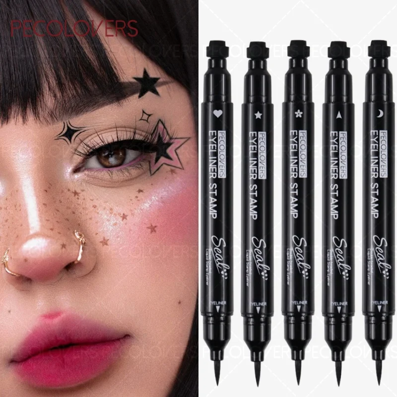 Doppelseitiger wasserfester Eyeliner, schnell trocknender, schwarzer flüssiger Eyeliner, einschließlich Herz, Mond und Formstempelstift
