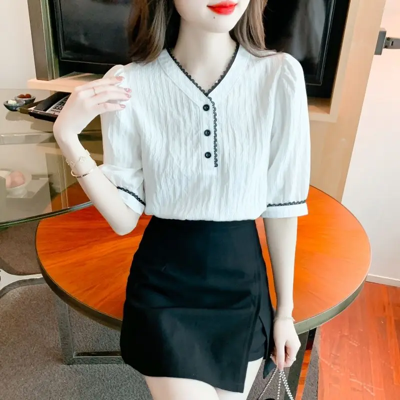 

Summer New Vintage Short Sleeve Women's Shirts Office Lady Formal Elegant V-neck Slim Blouses