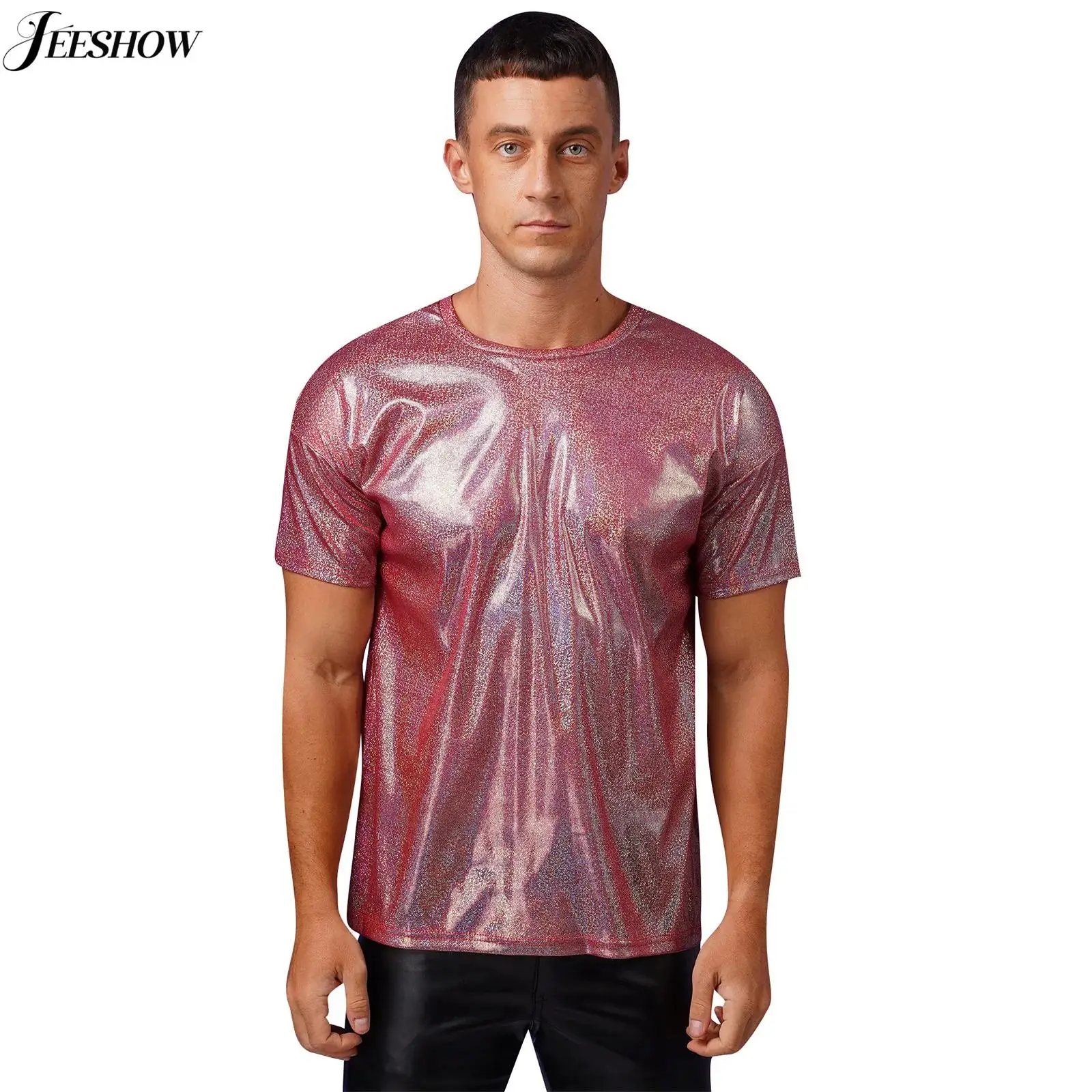 Mens Shiny Metallic T-shirt Short Sleeve Round Neck Sparkly Tops Hip Hop Jazz Dance Performance Tee Shirt Rave Party Street Look