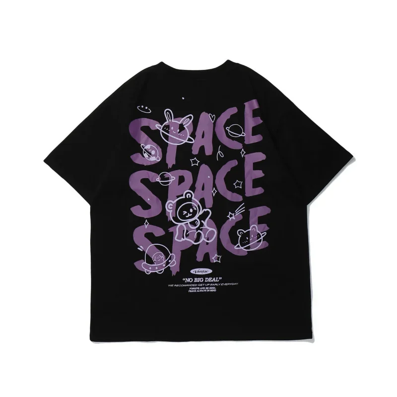 Women T-Shirt Bear Graffiti Short Sleeved Space Print Oversized T-shirt Loose Retro Harajuku Style Couple Shirt Tops Y2k