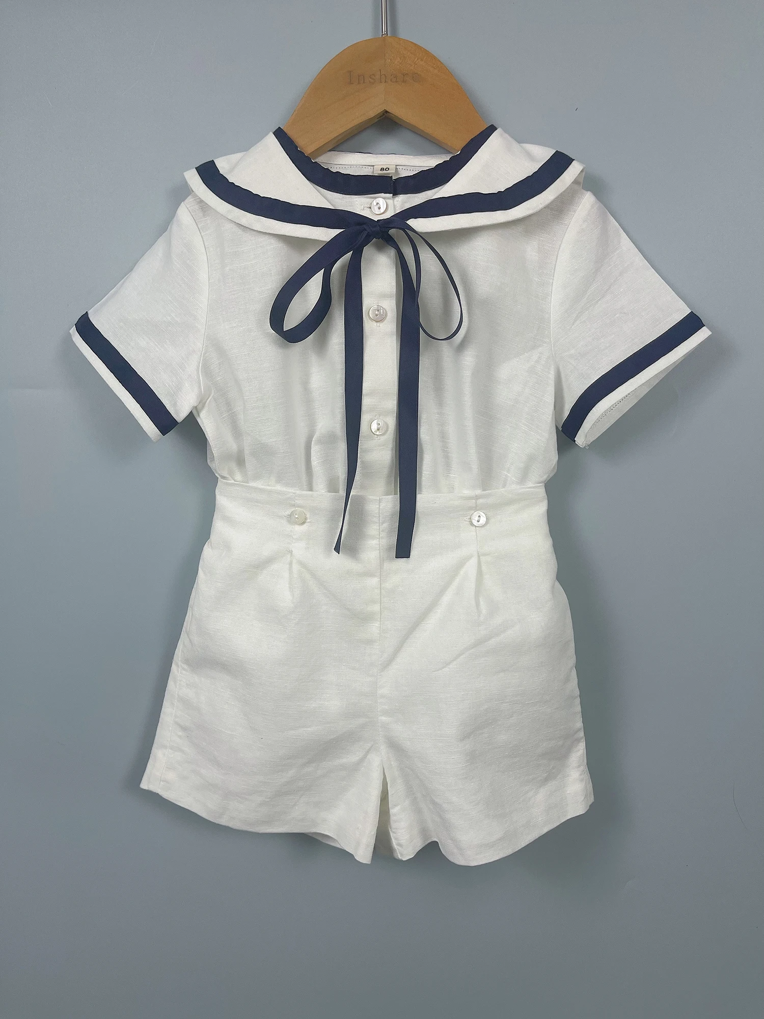 Summer Navy Sister Brother Clothing White Cotton Linen Fabric with Bblack Ribbon Comfortable Breathable Daily Outfit Performance