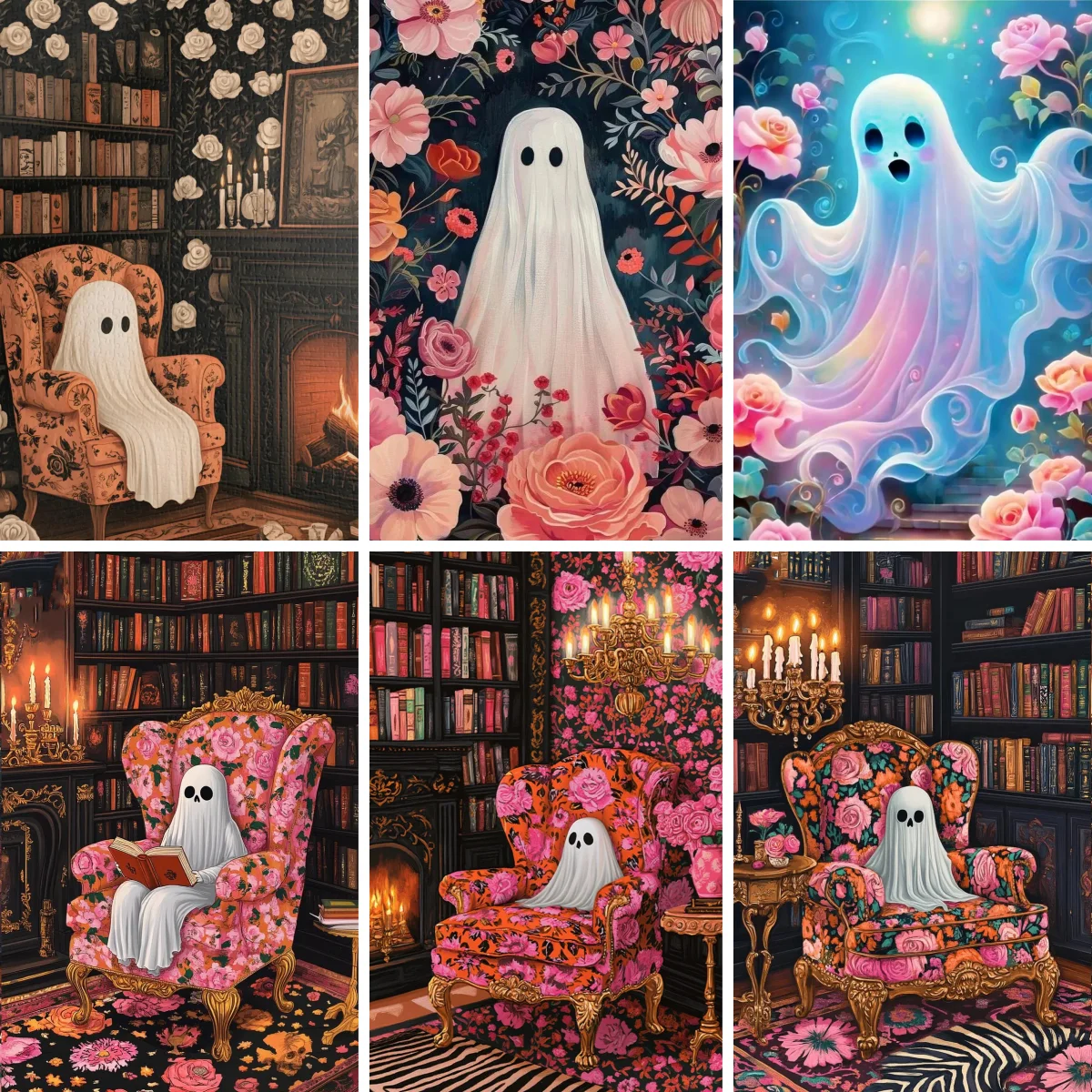 

DIY Diamond Painting Vintage Library Ghost Square Diamond Embroidery Cross Stitch Rhinestone Spooky Halloween Decor Academia