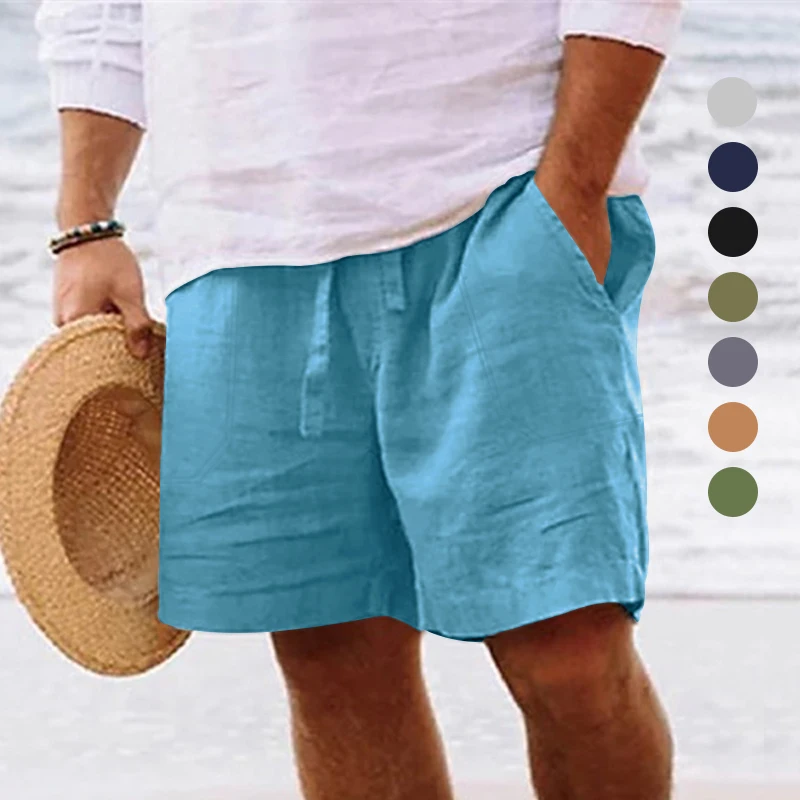 Men\'s summer cotton and linen shorts with drawstring elastic waist, straight legs, solid color, breathable daily beach capris