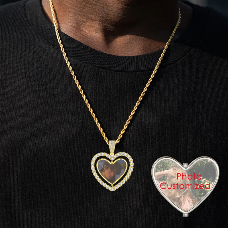 Photo Custom Pendant Necklace For Men Women Hollow Rotate Heart-shaped Image Neck Chain Memory Personalized Couple Jewelry Gift