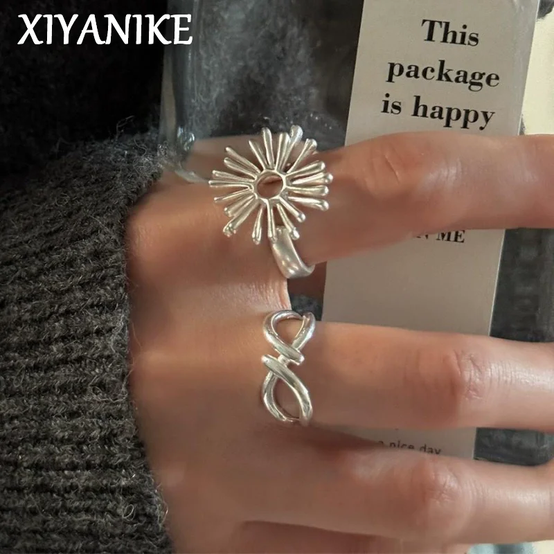 XIYANIKE Sweet Cool Geometric Lines Flower Hollow Firework Finger Rings For Women Fashion New Jewelry Gift Party Anillos Mujer