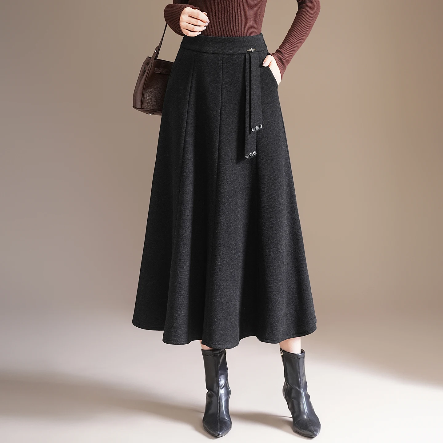 

Женская утепленная шерстяная юбка А-силуэта с высокой талией, скрывающая живот, длинная юбка для весны, осени и зимы, новинка сезона, модель Sle Eight