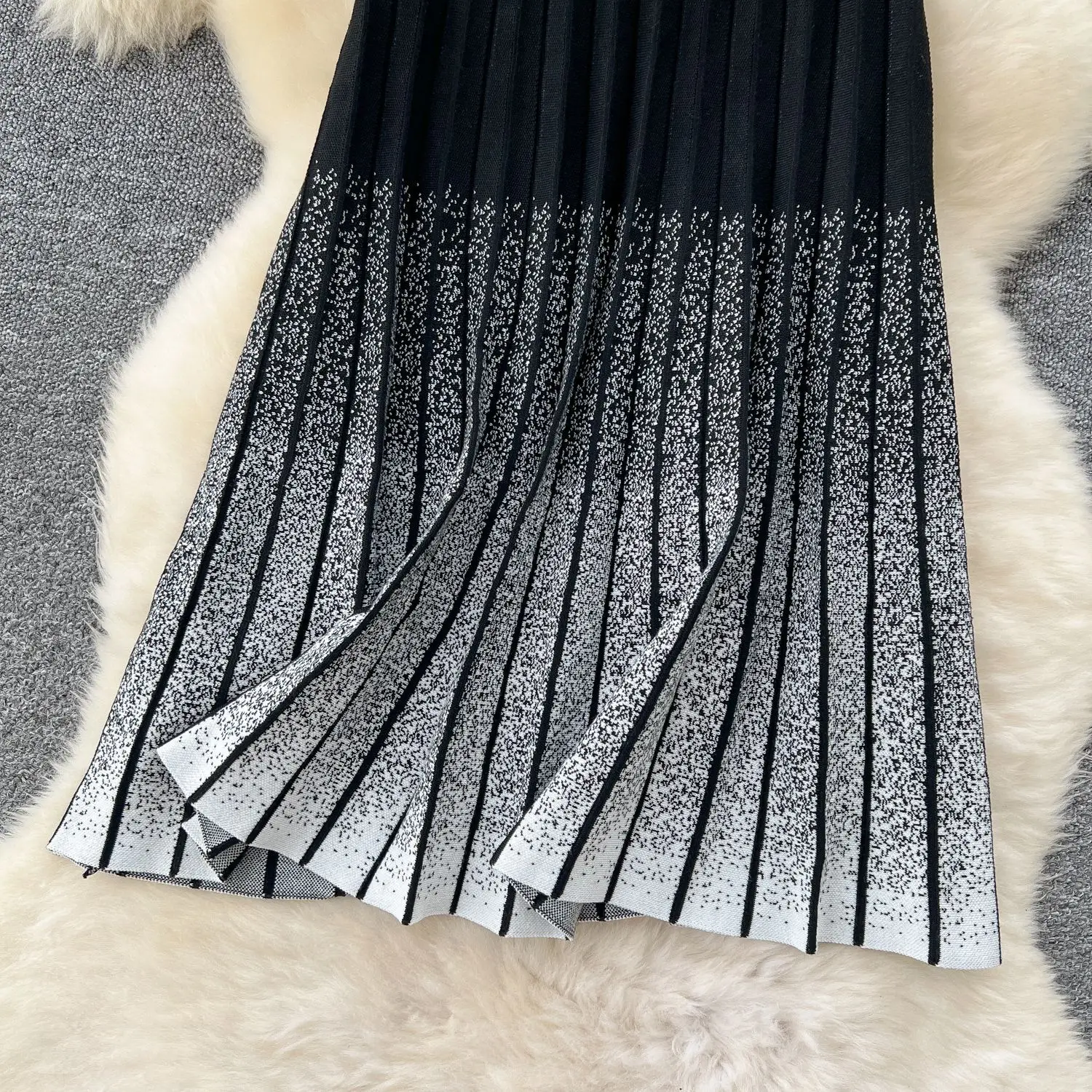 النساء الصلبة مطوي التنانير الكاحل طول التدرج تنورة محبوك خط مرونة الخصر فضفاضة تناسب أنيقة عادية 2025 ربيع الخريف #4