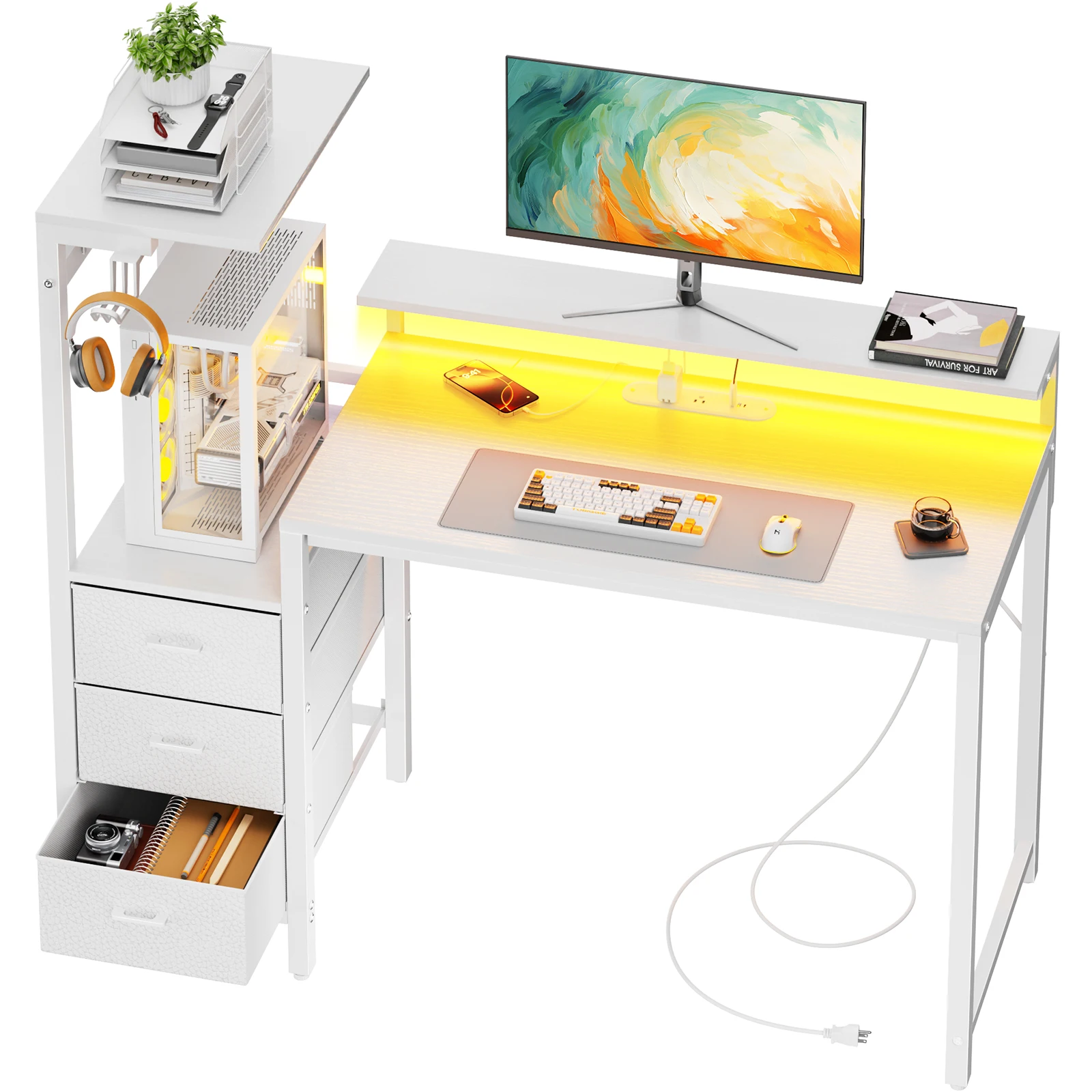 FRODROVIA 47/60 inch Computer Desk with Drawers & Monitor Stand, Gaming Desk with Built-in Power Strip, CPU Stand, Headphone Hooks, Storage Shelves, Home Office Writing Desk with 3 Color Options for Bedroom Workstation