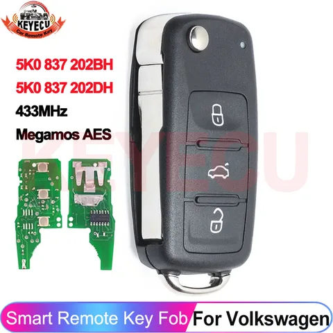 Дистанционный ключ KEYECU 5K0 837 202 BH / DH 433 МГц ASK Megamos AES с чипом ID88 для Volkswagen Beetle, Caddy, Caravelle, Jetta 2016 2017.