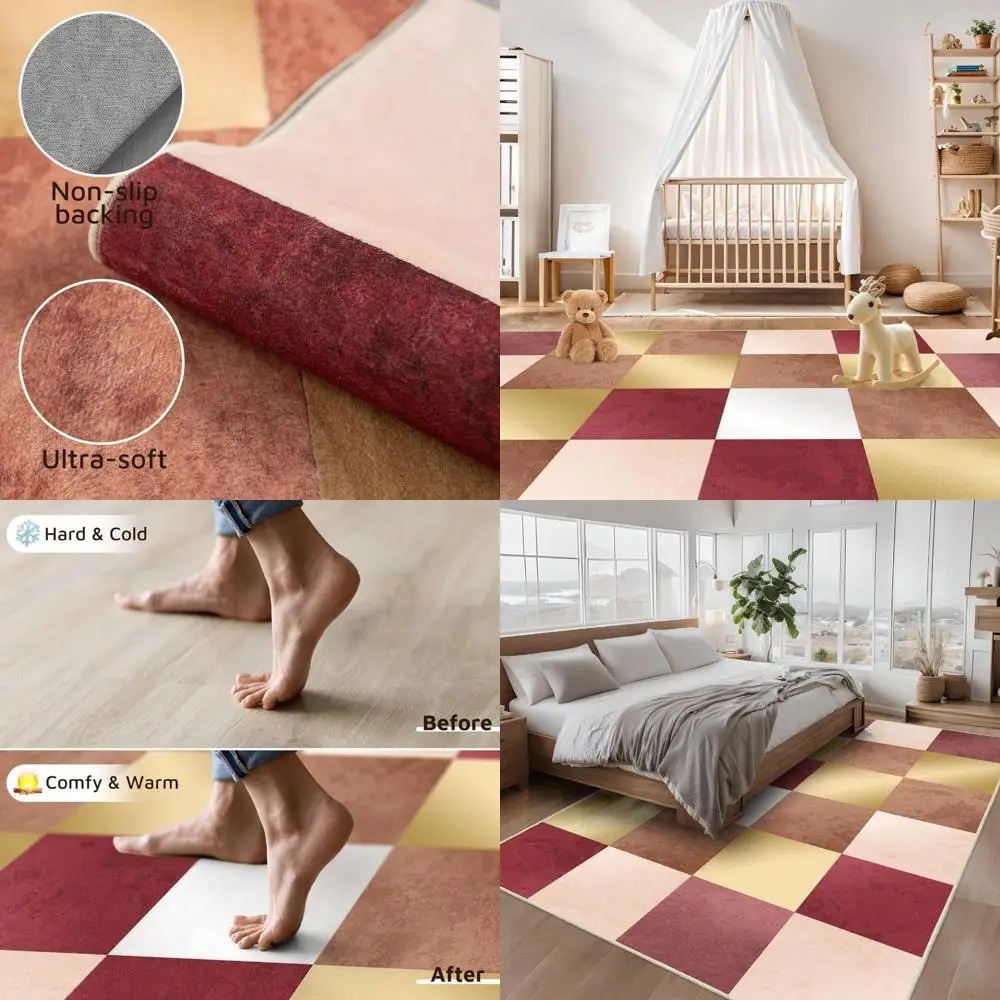 

Geometric Area Rug - Red and Gold Checkered, Washable, Non-Slip, Non-Shed, Perfect for Living Room, Bedroom, Playroom, 9x12 Feet