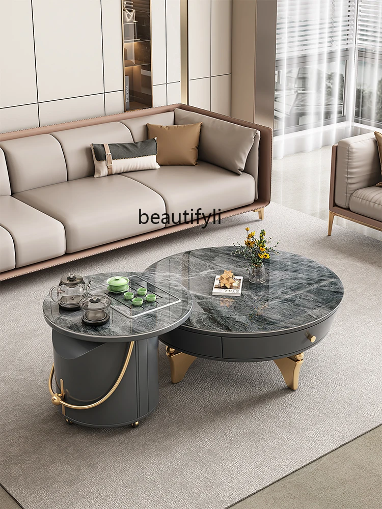 Modern Light Luxury Living Room Size round Coffee Table Combination Simple Stone Plate Kung Fu Coffee Table Tea Table One