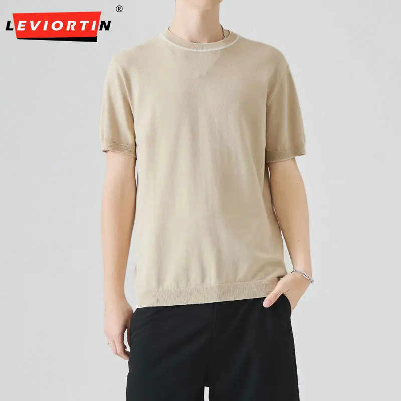 

Men's summer high-end retro style slim fit round neck color blocked interior with elastic knitted short sleeved T-shirt top