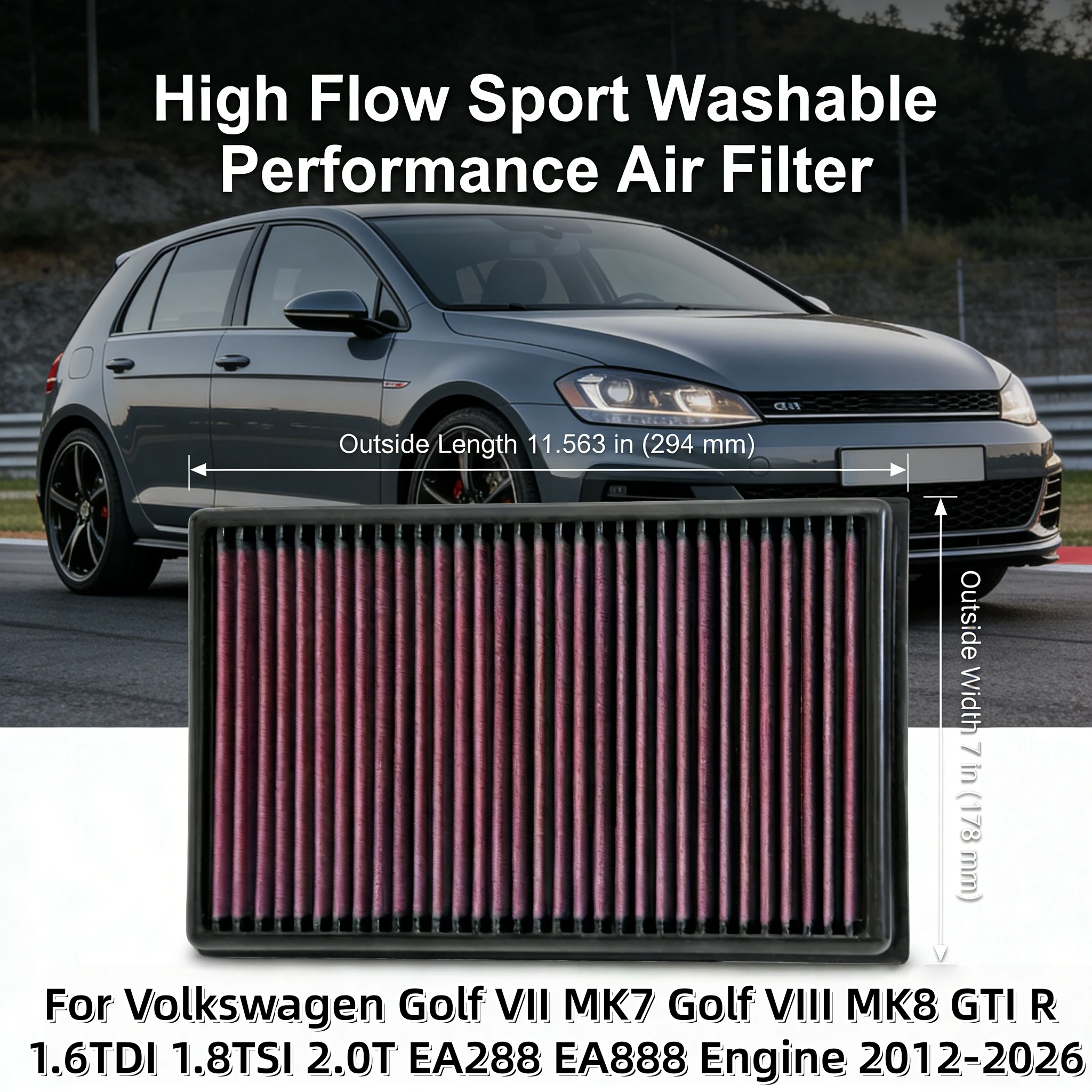 

Высокопроизводительный воздушный фильтр для Volkswagen Golf VII MK7, Golf VIII MK8 GTI R, 1.6TDI, 1.8TSI, 2.0T, двигатели EA288, EA888, 2012-2026 гг.