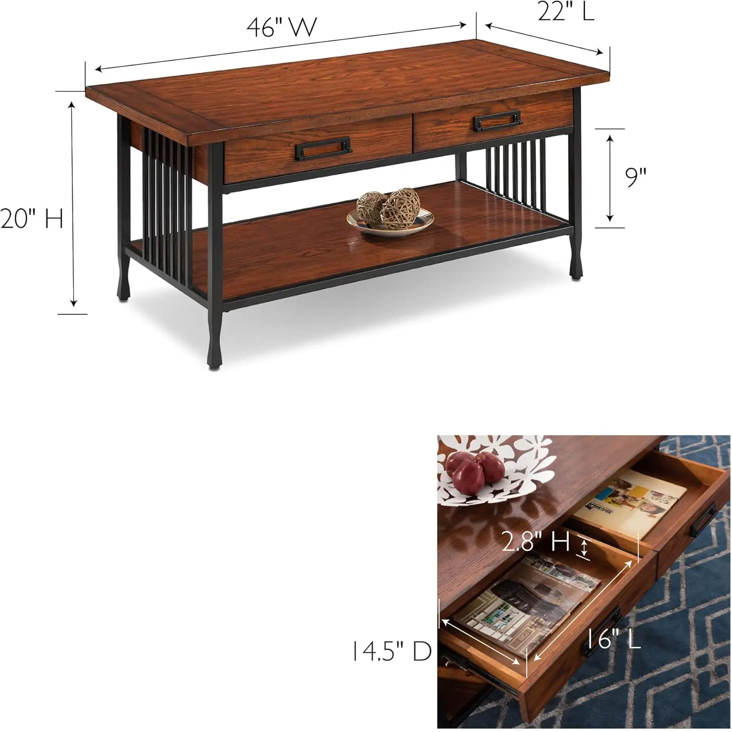 11204 Ironcraft Two Drawer Rustic Coffee Table with Shelf, Mission Oak and Black