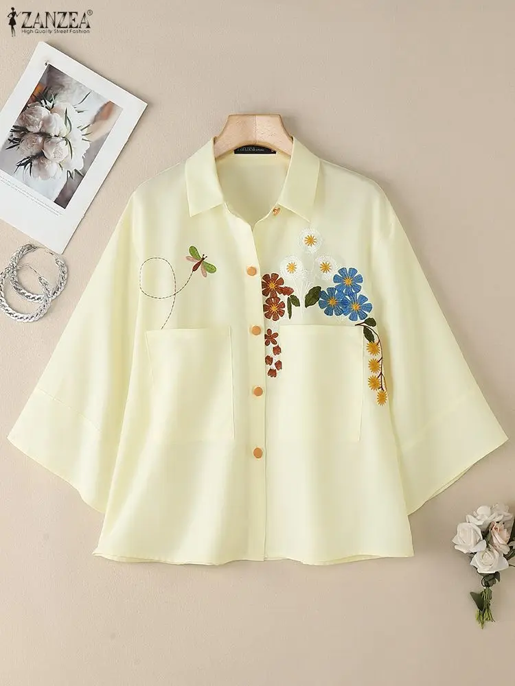 

ZANZEA Women's Embroidered Floral Shirts Fall 2025 Casual Turn-Down Collar 3/4 Sleeve Button Up Tops Everyday Wear S-3XL