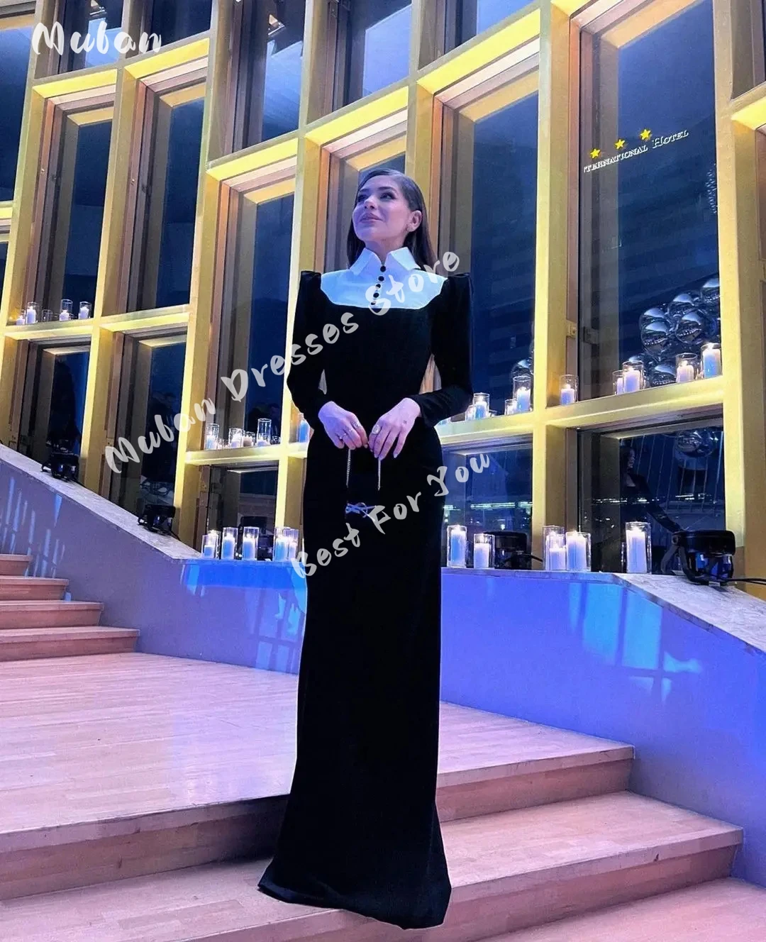 Customized Button Polo Collar Long Sleeves Prom Dresses White Black Party Gown Floor-length Formal Evening Gown Vestidos De Gala