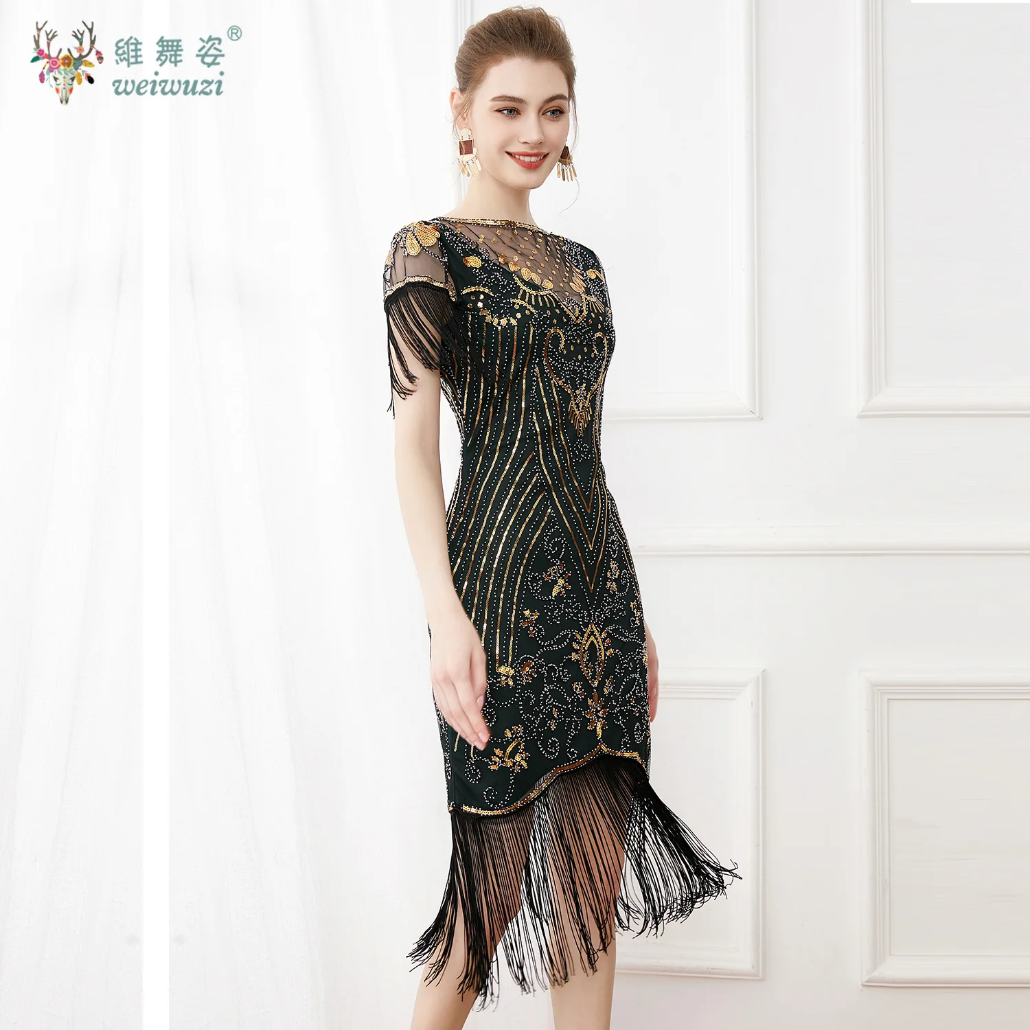 빈티지 볼 플러스 사이즈 슬림 피트 스팽글 스터드 메쉬 딥 브이넥 드레스 자수 태슬 반팔 드레스 칵테일 파티