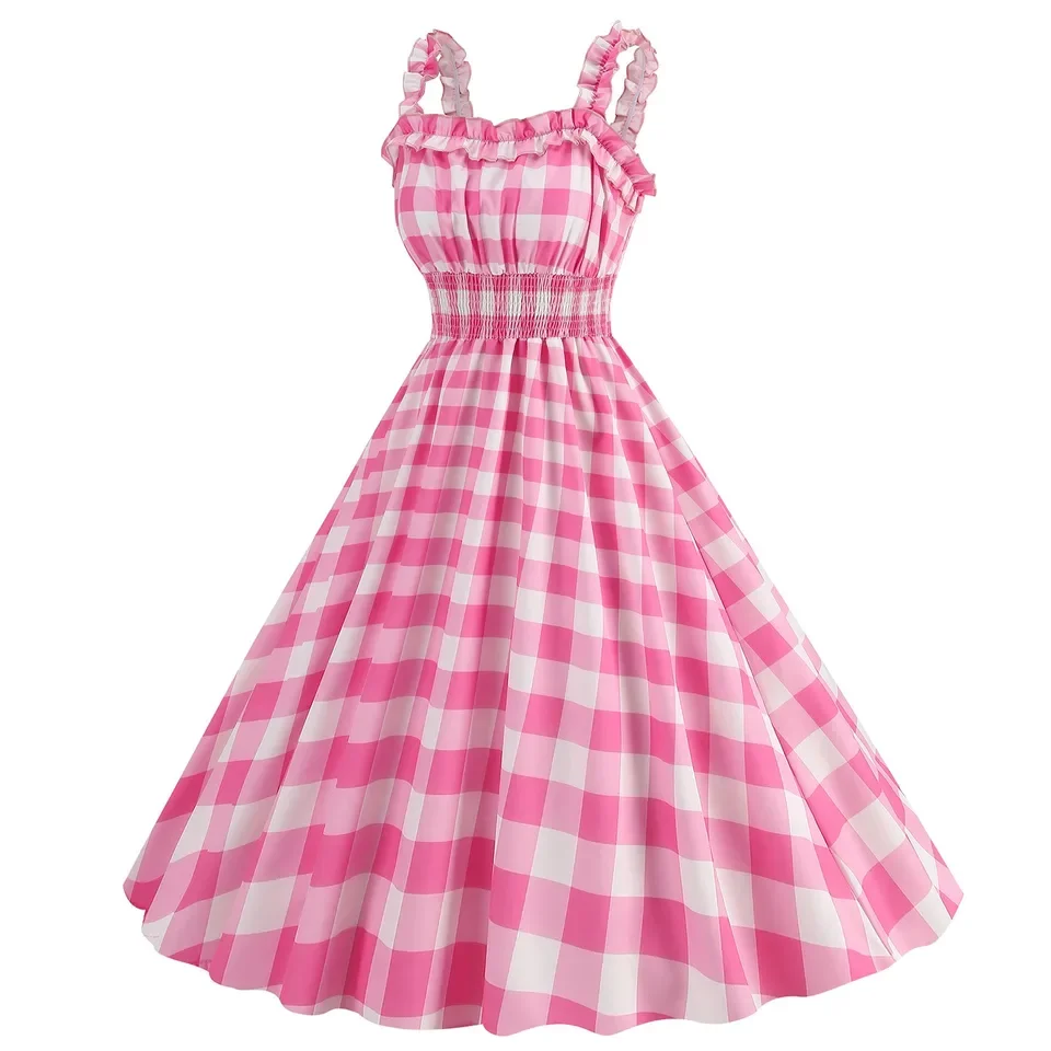 Retro Dot Plaid Spaghetti Strap Dress Women Vintage 50s Rockabilly Swing Party Dresses Summer High Waist Sundress Robe Femmes