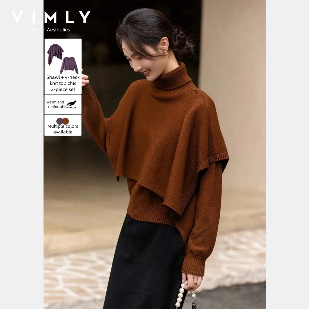 

VIMLY Women RetroTwo-piece Set High Elasticity Knit Pullover High Neck Cloak Winter 2025 Elegant Casual Women's Suit Set 30513