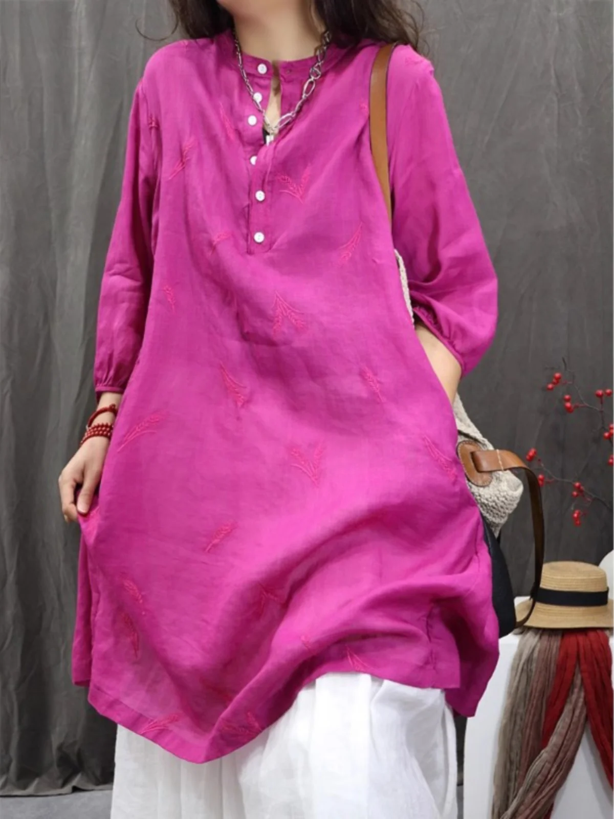 Ele blé oreille broderie léger respirant irt grande taille femme mi-longue boutonné col montant sept-saves Su...