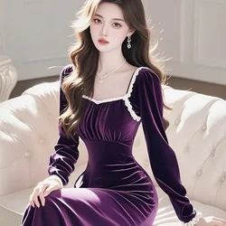 French Small Fragrant Wind Waist Gold Velvet Dress for Women Spring Autumn Long Slim Sweet Chic Evening Gown
