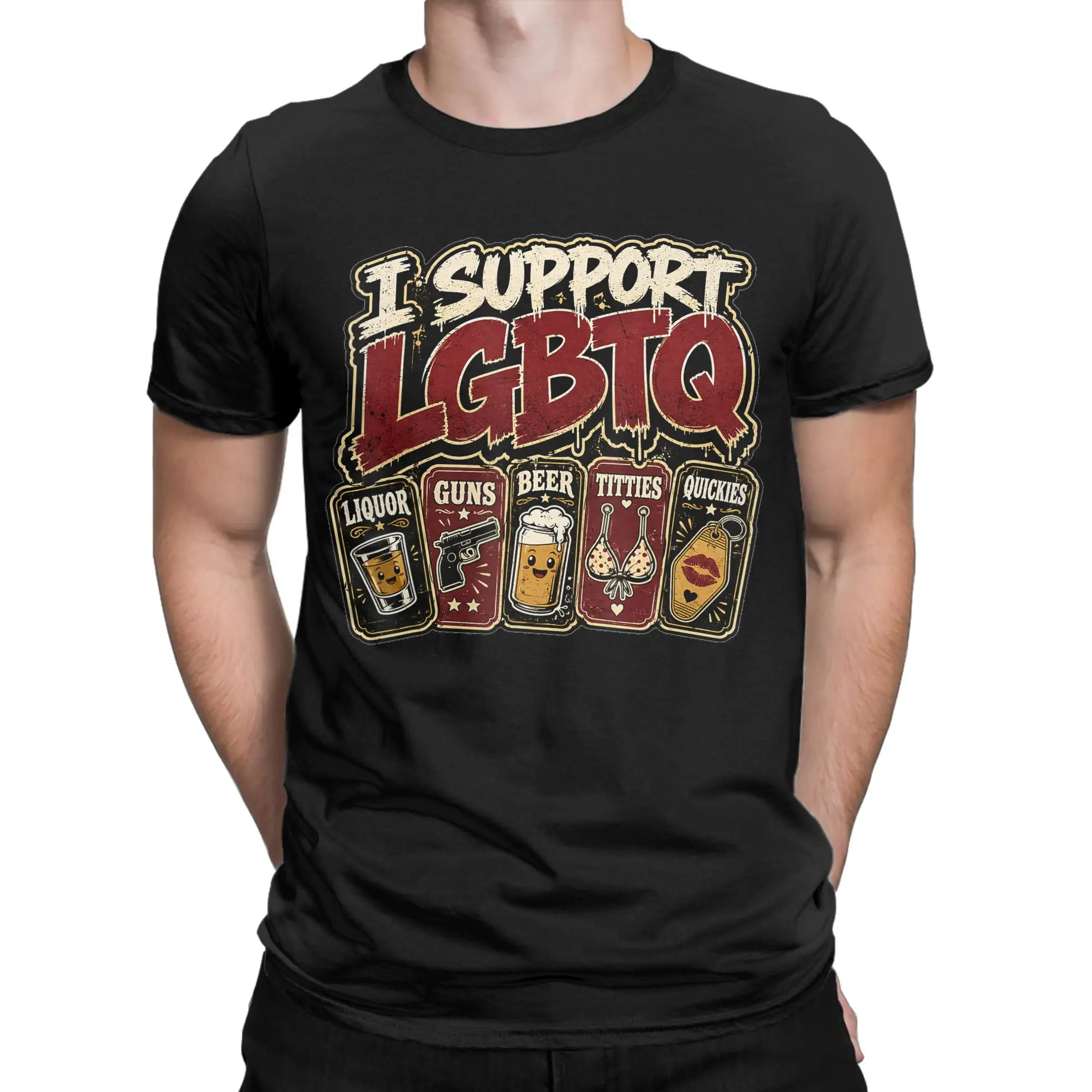 Funny I Support LGBTQ Liquor Guns Beer Titties Quickies T-Shirts 100 Cotton O Neck Plus Size 5XL Clothes Short-Sleeve Y2K Tshirt