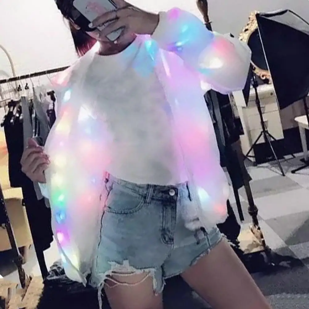 Fall Winter Glow Jacket Colorful Light Emitting Hooded Long Sleeve Pockets LED Luminous Costume Club Concert Dancing Party Coat