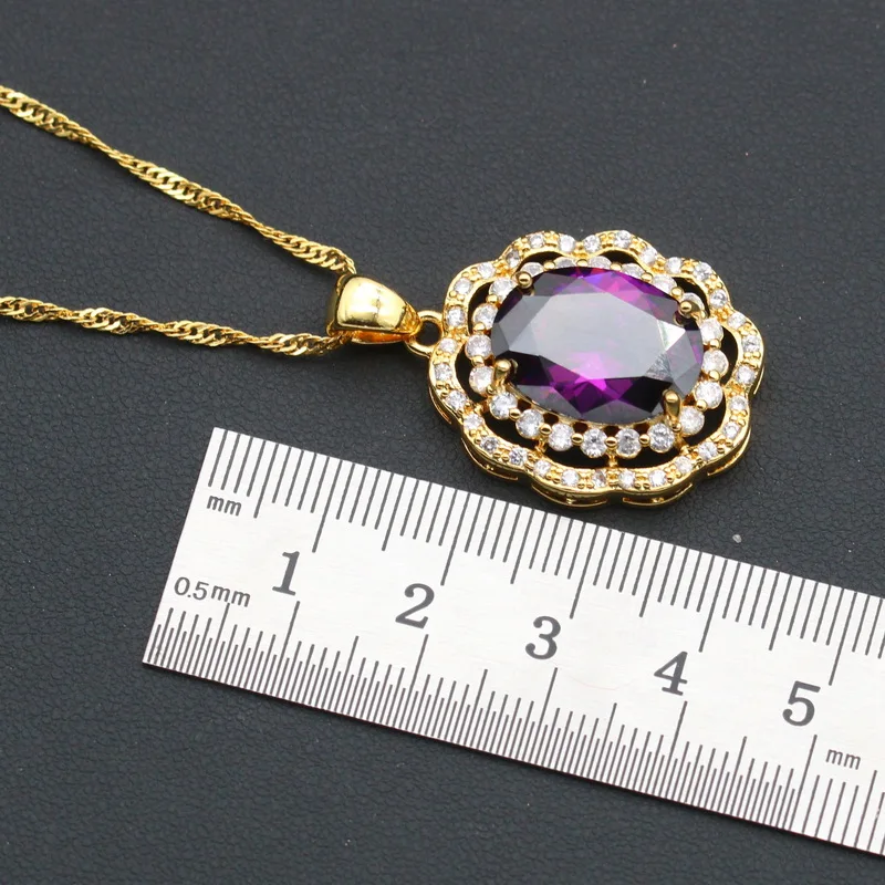 Luxurious Purple Zirconia Gold Color Bridal Jewelry Sets For Women Wedding Earrings Pendant Ring Bracelet Chain  Gift