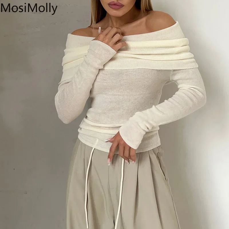 MosiMolly Wool Sweater Slash Neck Slim Knitting Jumper Pullovers OL Lady Sweater Soft Comfy Wool Basic 2023