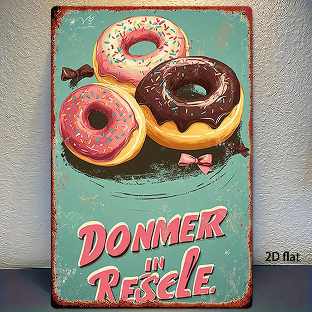 2D Flat, 2D Flat Metal Sign, 1pc, Pink Chocolate Frosting Donut Tin Decorative Plate, Durable Metal Sign, Suitable for Bars,