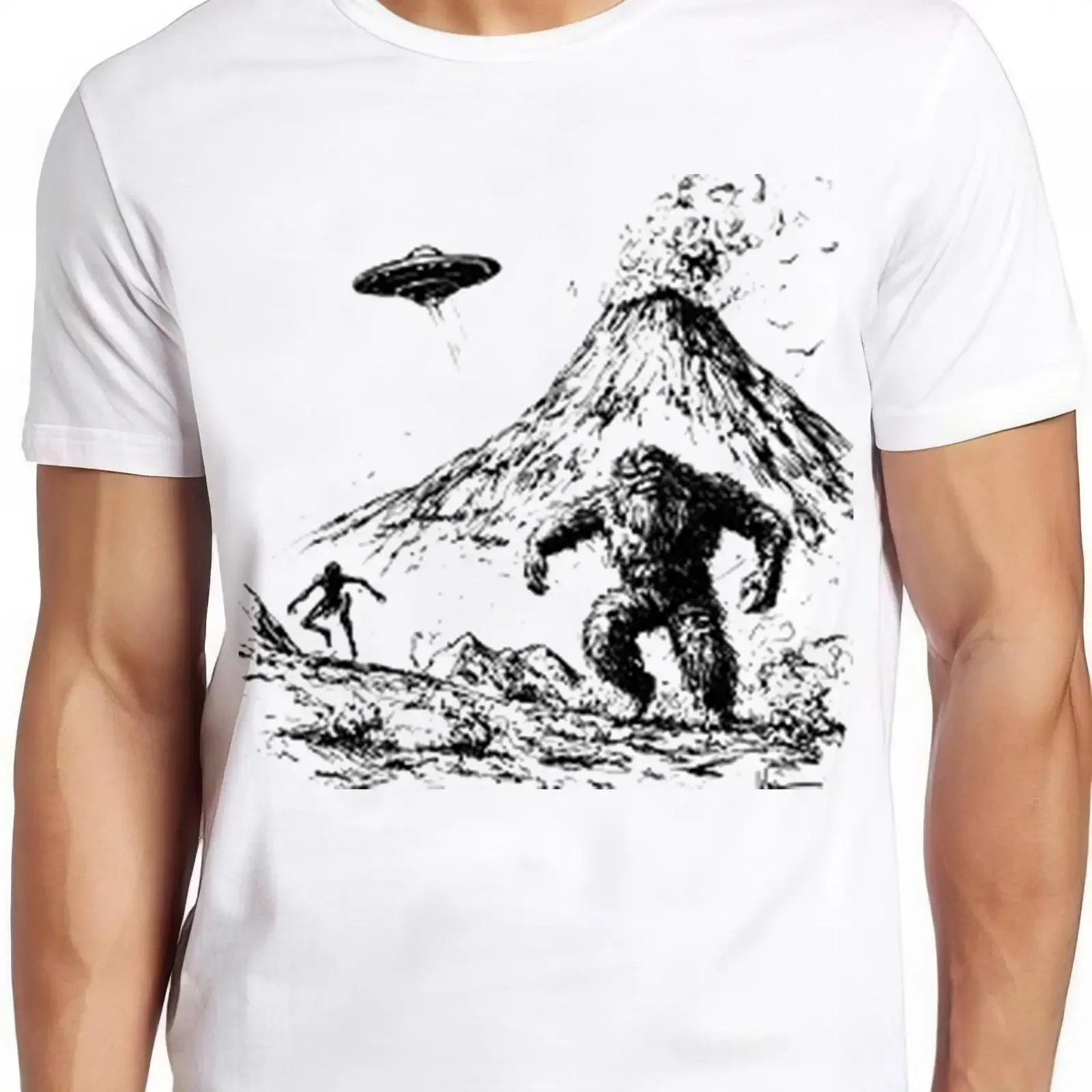 Bigfoot Ufo Alien Volcano Sasquatch Sketch Weird Humorous Hilarious Witty Funny Music T Shirt 2243 vintage Washed Stylish