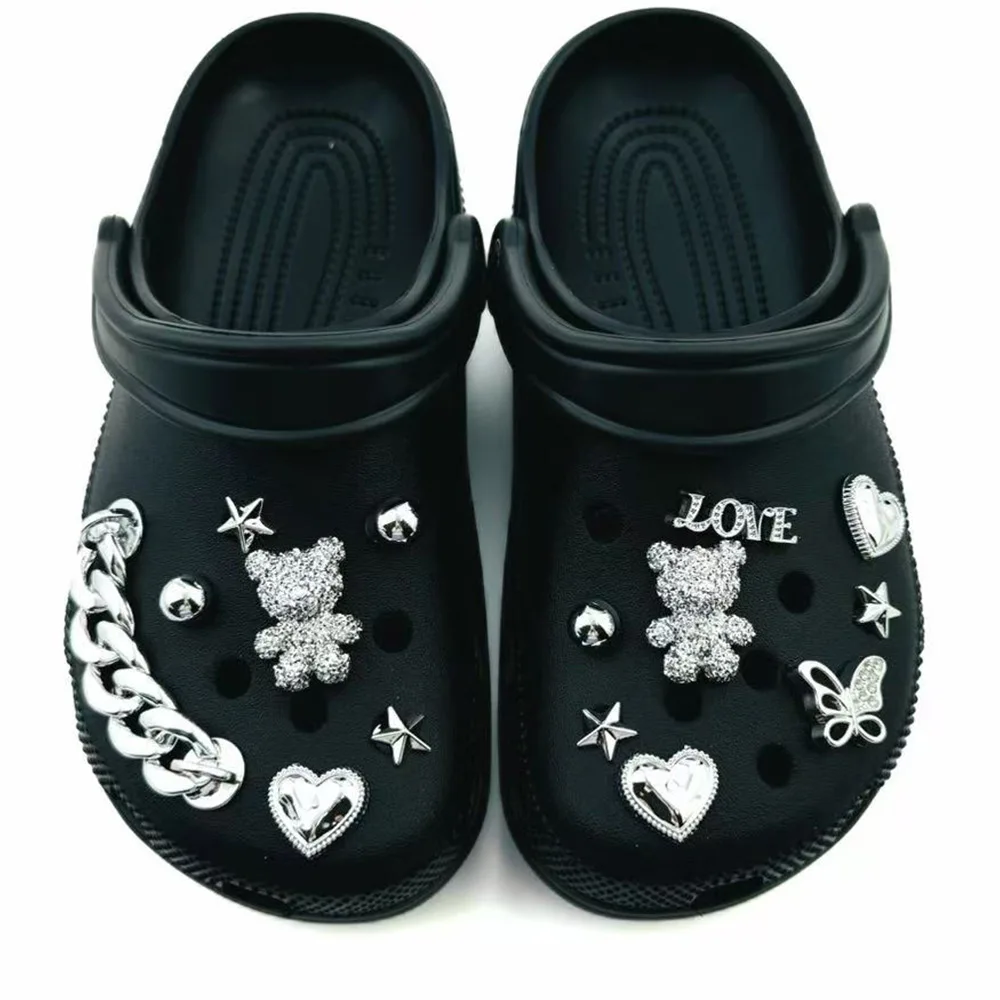 Lot de 15 breloques pour chaussures d'été, accessoires pour sabots, ours argenté, papillon, pentagramme, chaîne, décorations de chaussures DIY, boucles