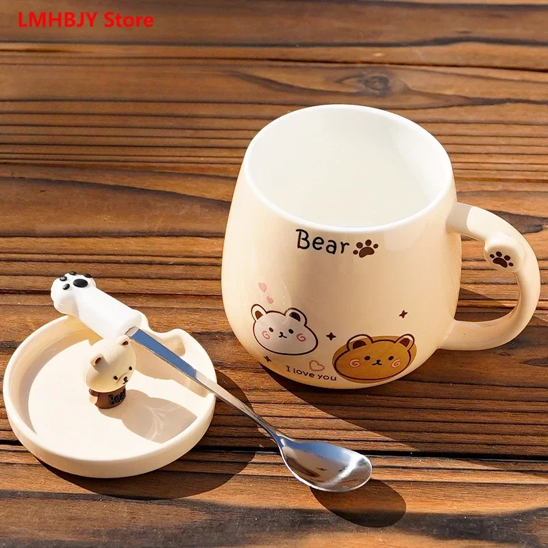 LMHBJY Little Bear Cup Ceramic Mug with Lid Spoon Couple High Beauty Home Drinking Cup Office Milk Coffee Cup