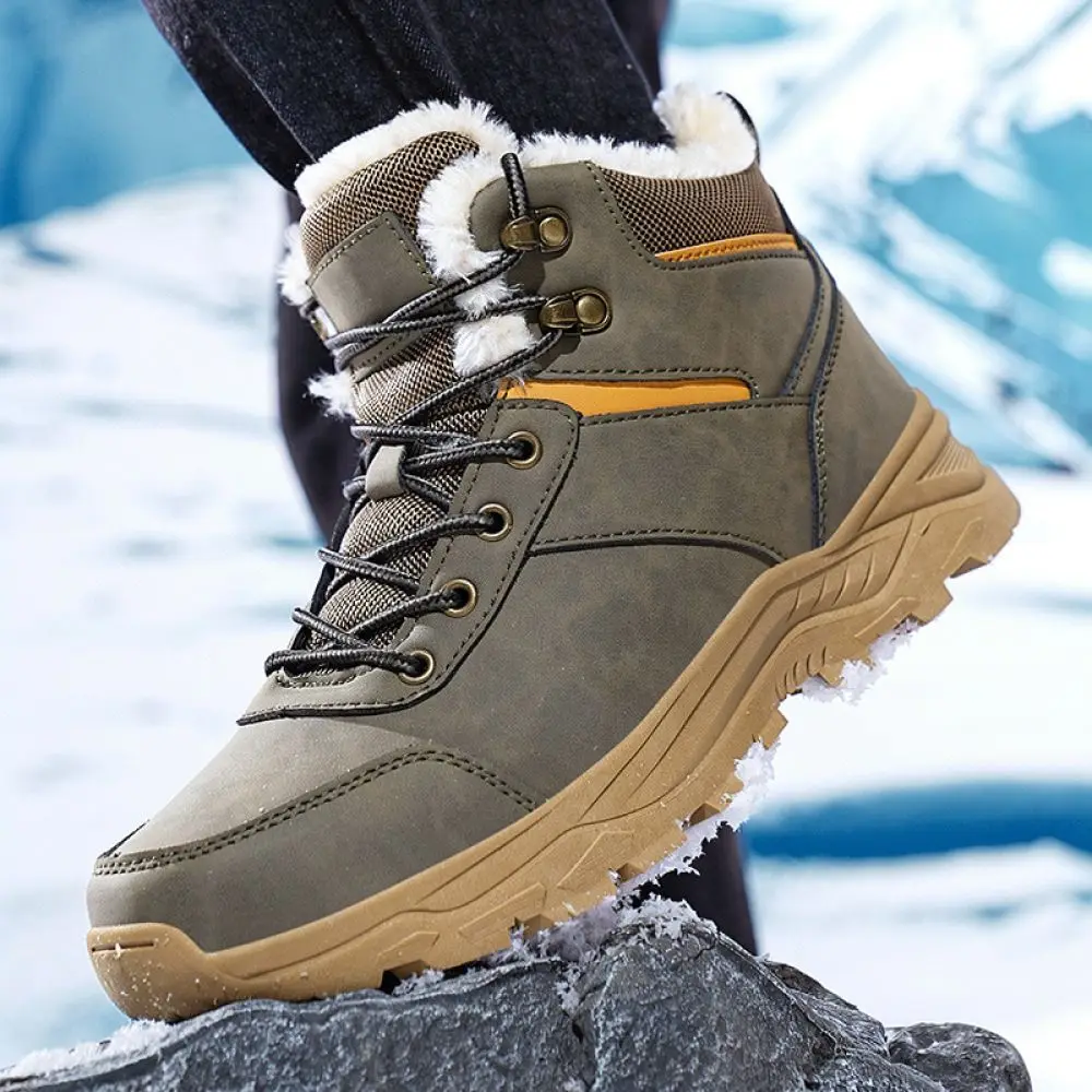 Winter Outdoor Snow Boots For Men High Top Warm Fur Lined Footwear Casual Athletic Shoes Comfortable Non Slip Rubber Sole