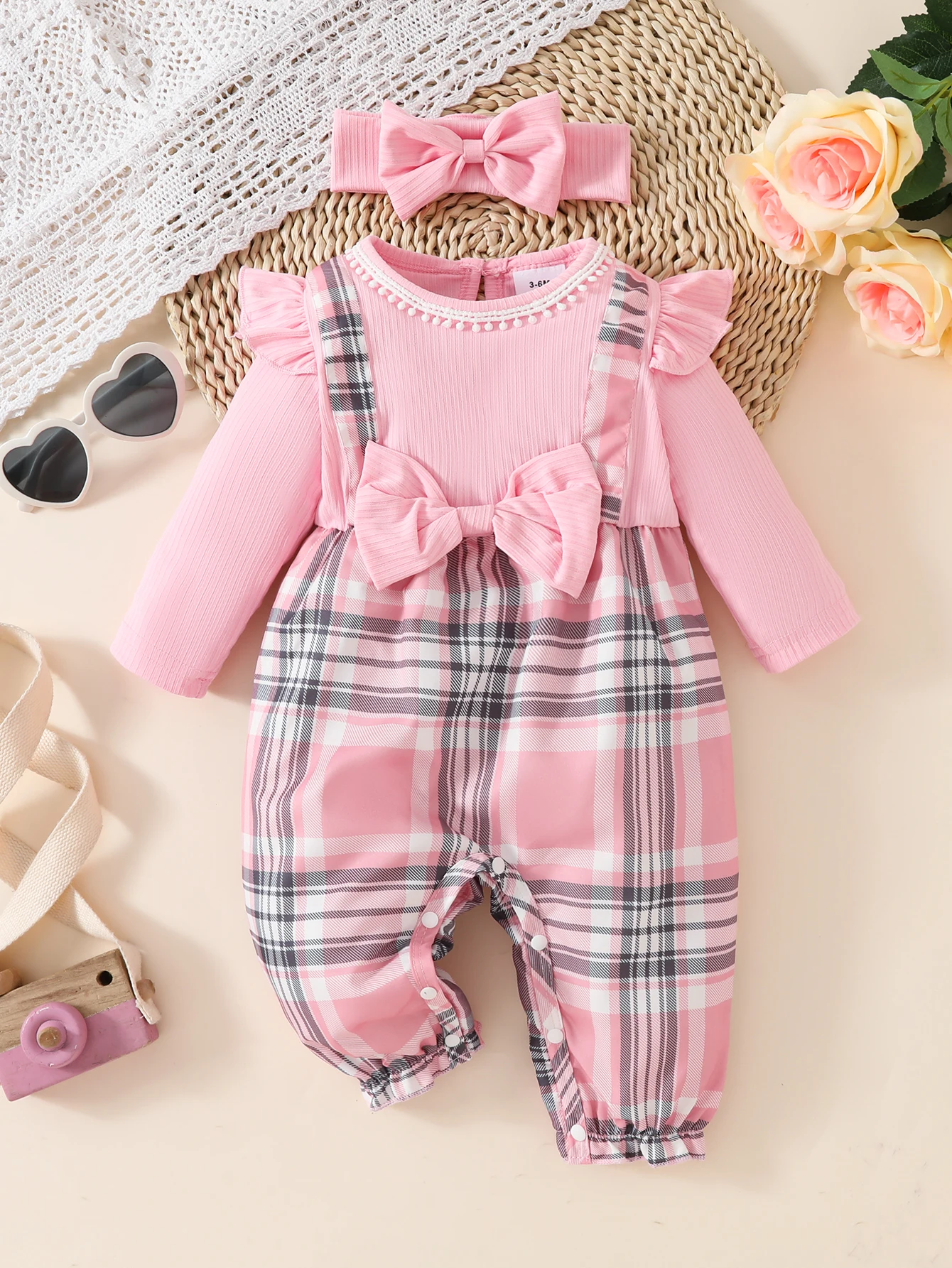 Baby Girl 2Pcs Plaid Ribbed Patchwork Bodysuit Cute Sweet Pink Grid Jumpsuit With Matching Headband Infant Outfit