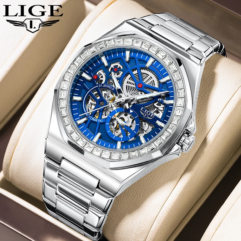 

LIGE New Hollow Automatic Watch For Men Round Stainless Steel Luminous Men's Mechanical Wristwatches Fashion Business Watch Men
